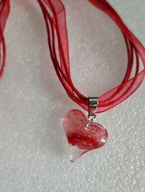 Hand Crafted Red Heart Glass Pendant Necklace with Red Ribbon
